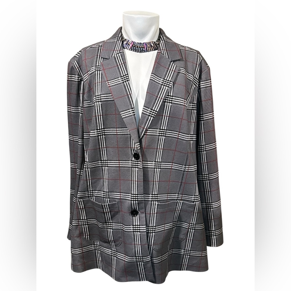 DG2 by Diane Gilman Women’s Suit Gray Plaid Blazer Pants Subtle Red Windowpane